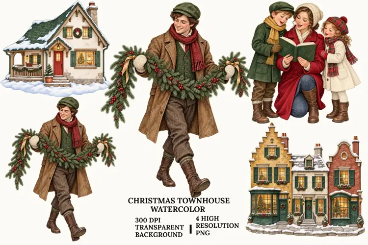 Christmas Girl PNG, Winter Townhouse Watercolor Sublimation