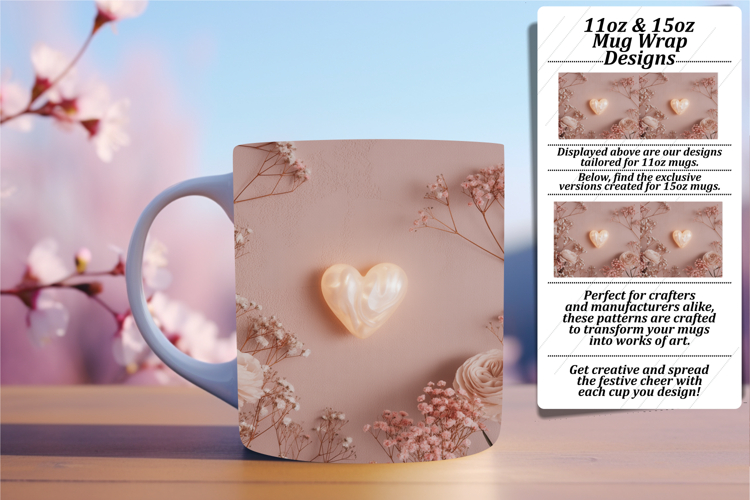 Creative 11oz Mug Wrap Png Artwork , 3D Heart