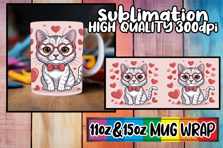 Joyful journeys 11oz 15oz mug wrap, Valentines Cat
