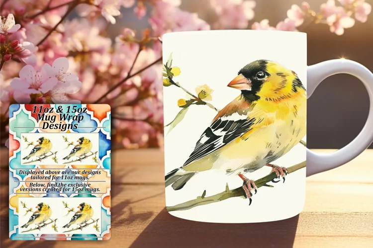 Watercolor Birds Mug Wrap for 11oz/15oz Spring Design