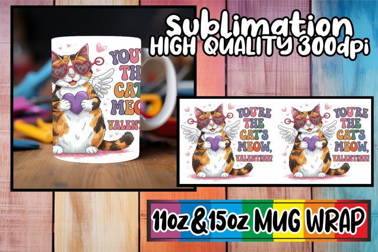 Heartfelt vibes 11oz 15oz sublimation wrap, Valentines Cat example image 1