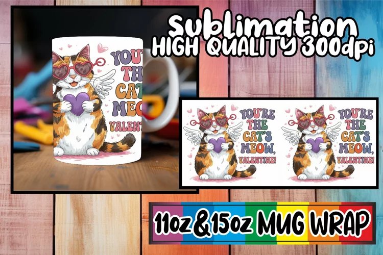 Heartfelt vibes 11oz 15oz sublimation wrap, Valentines Cat