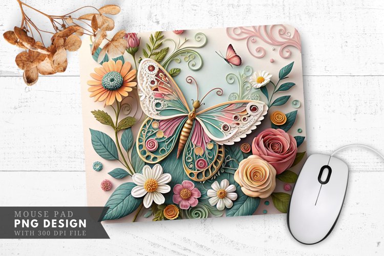 Butterfly Blossom Quilling Art Mouse Pad PNG Design example image 1