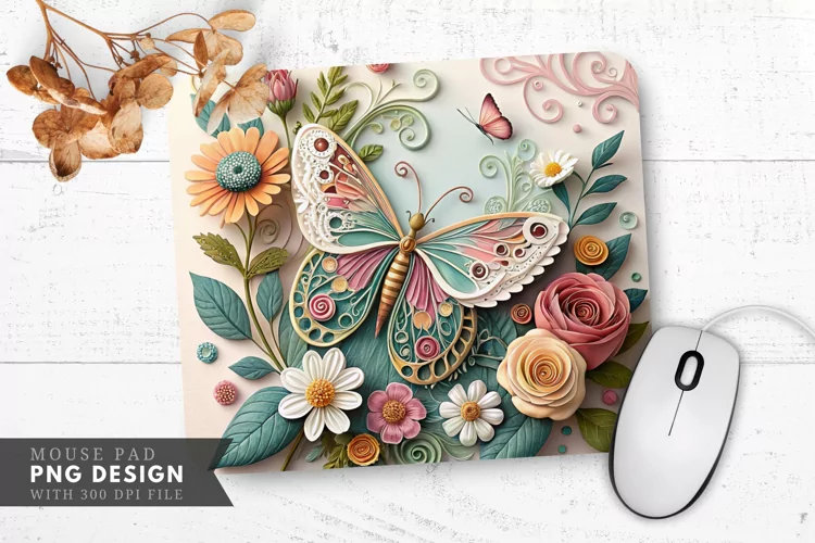 Butterfly Blossom Quilling Art Mouse Pad PNG Design