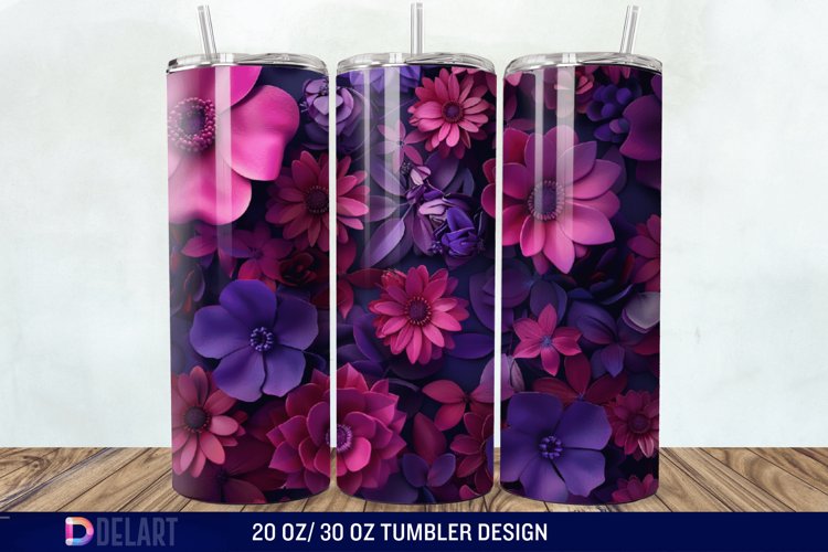 3D Fuchsia and Violet Flowers Tumbler Wrap example image 1