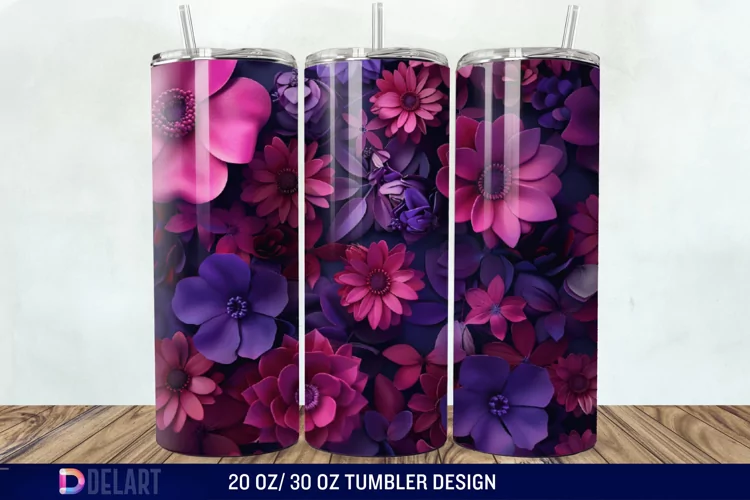 3D Fuchsia and Violet Flowers Tumbler Wrap