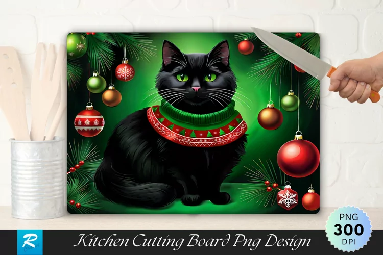 Festive Black Cat Cutting Board Sublimation Design