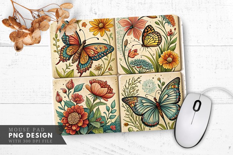 Butterfly And Floral Tile Design Mouse Pad PNG Design example image 1