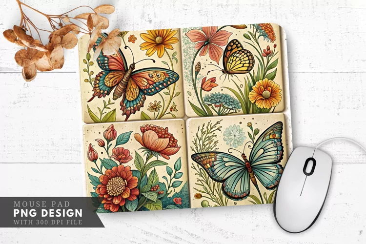 Butterfly And Floral Tile Design Mouse Pad PNG Design