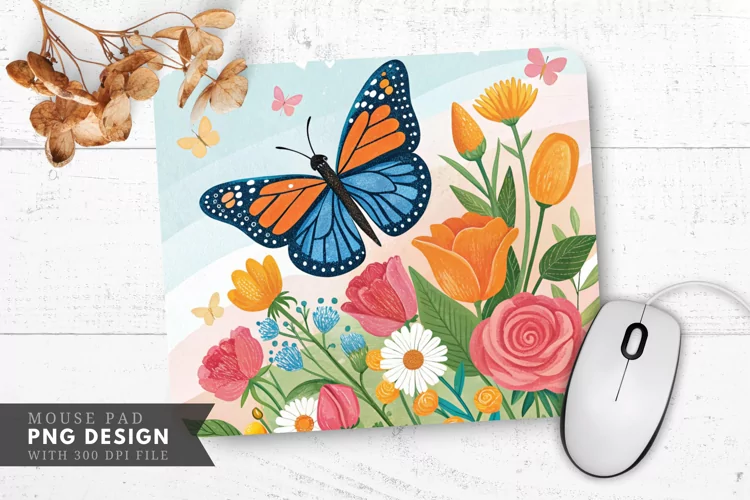 Butterfly and Floral Arrangement Mouse Pad PNG Design
