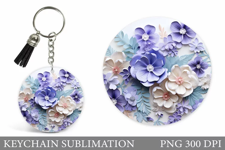 3D Flowers Keychain. Flowers Round Keychain Sublimation