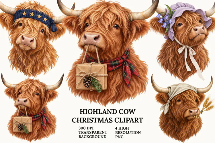 Highland Cow Christmas Clipart with Snowman and Book PNG
