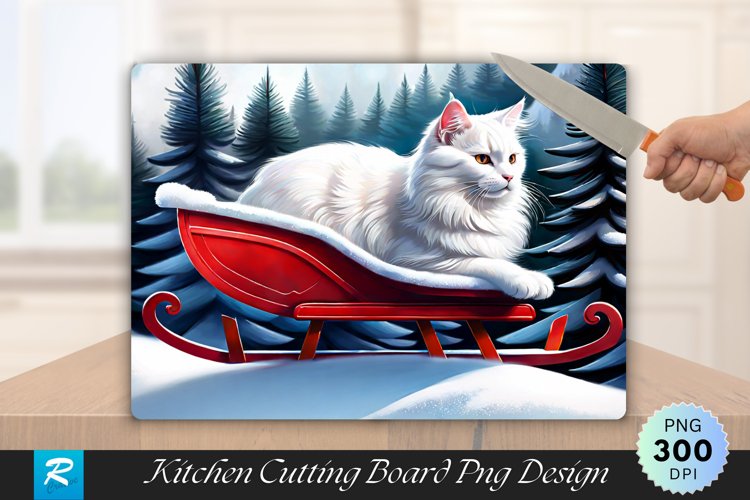 Fluffy White Cat on a Red Sled Cutting Board Sublimation example image 1