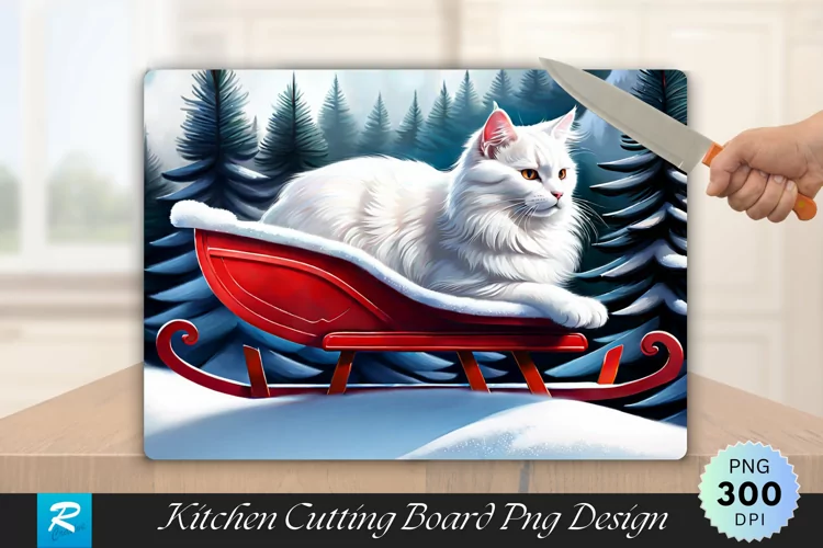 Fluffy White Cat on a Red Sled Cutting Board Sublimation