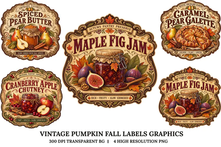 Vintage Pumpkin Fall Labels PNG Autumn Bakery Sublimation