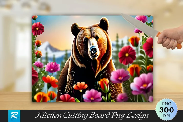 Bear With Flowers Cutting Board Sublimation Design