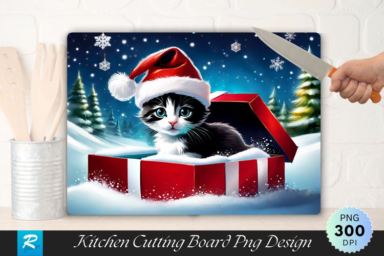 Festive Kitten Surprise Cutting Board Sublimation Design example image 1
