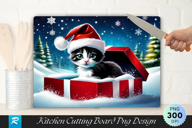 Festive Kitten Surprise Cutting Board Sublimation Design