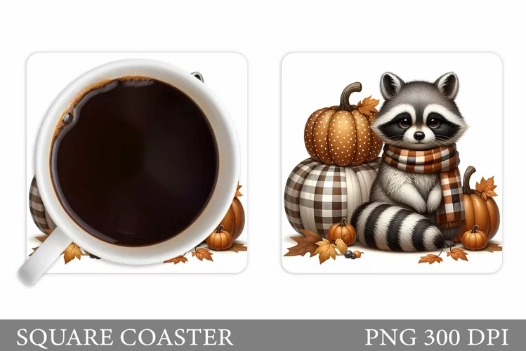 Fall Raccoon Coaster Design. Cute Raccoon Coaster
