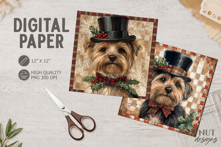 Yorkie Vintage Christmas dog Digital Paper Yorkshire terrier