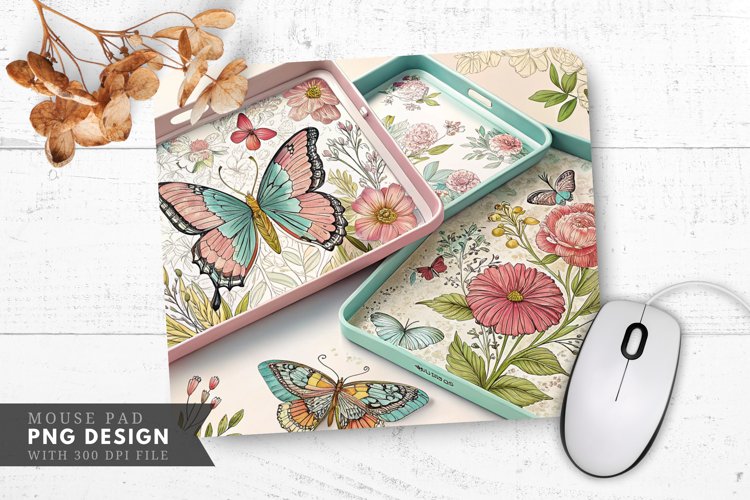 Butterfly And Floral Decorative Trays Mouse Pad PNG example image 1