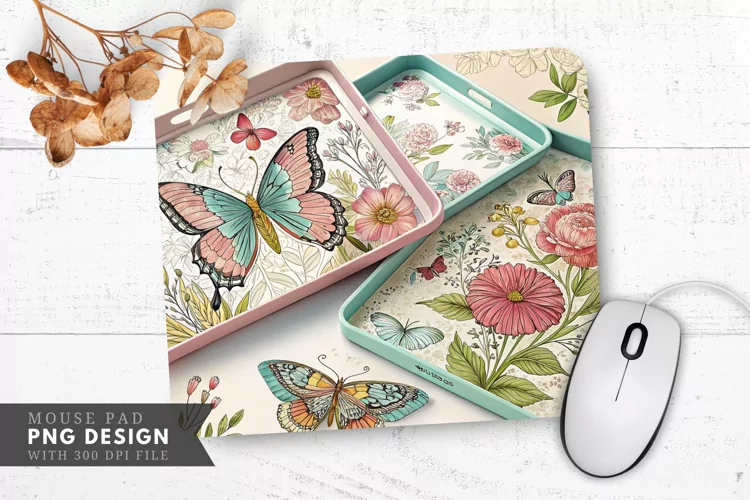 Butterfly And Floral Decorative Trays Mouse Pad PNG