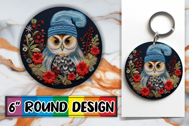 Winter Owl Embroidery Round Design Holiday Sublimation