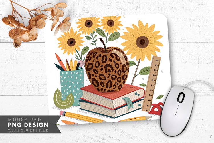 Vibrant Leopard Print Apple Sunflowers Mouse Pad PNG Design