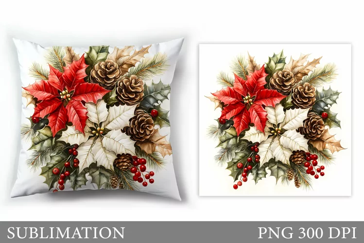 Poinsettia Pillow Sublimation. Christmas Flowers Pillow