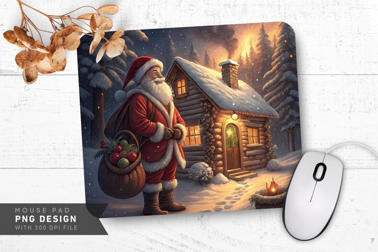 Santa by Warmly Lit Rustic Cabin Mouse Pad Sublimation