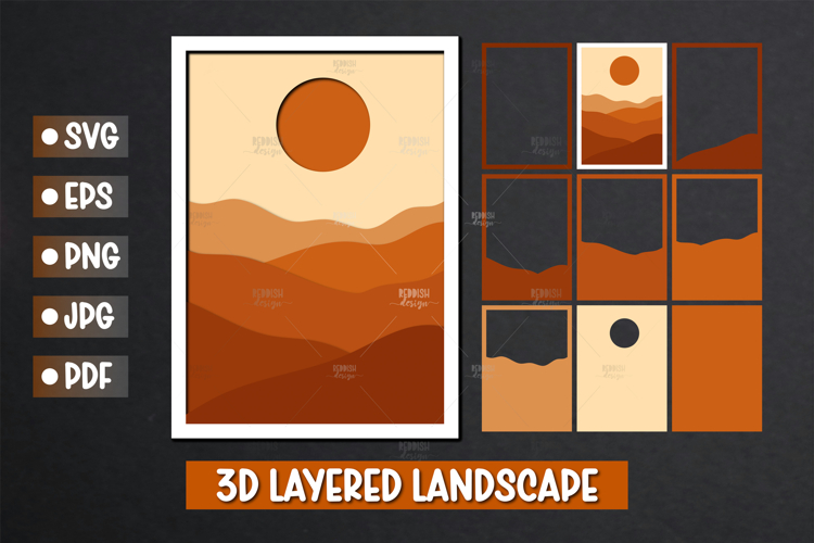 3D Layered Hills with Sun Scene Papercut SVG Design