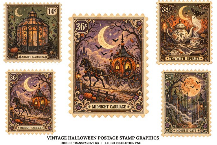 Vintage Halloween Postage Stamp PNG Gothic Spooky Sublimatio example image 1