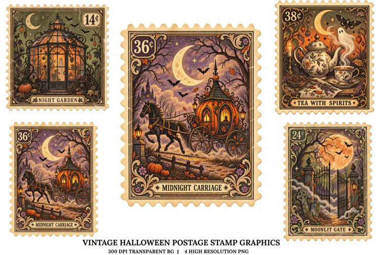 Vintage Halloween Postage Stamp PNG Gothic Spooky Sublimatio