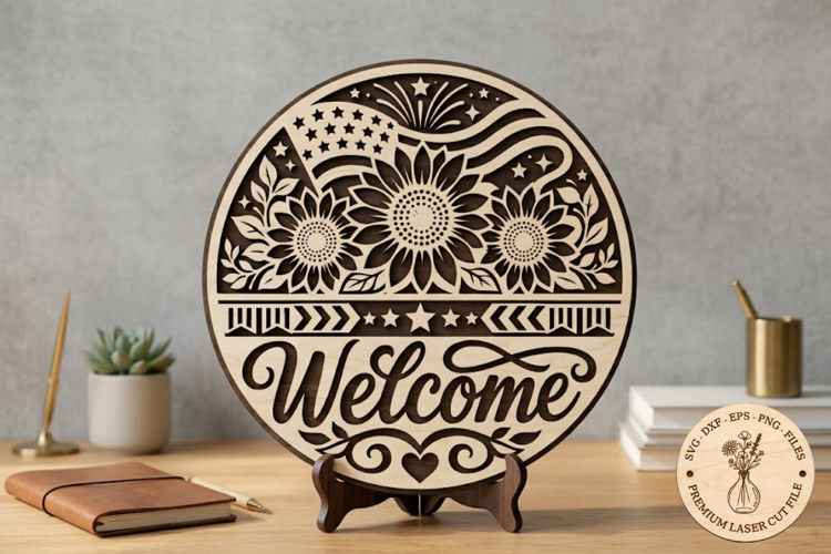 Patriotic Sunflower Welcome Sign SVG, American Flag Round
