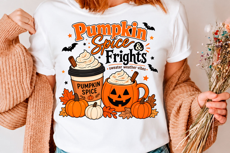 Pumpkin Spice And Frights Halloween Coffee T-Shirt Design
