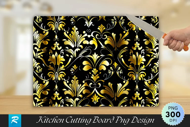 Gold and Black Damask Cutting Board Sublimation Design