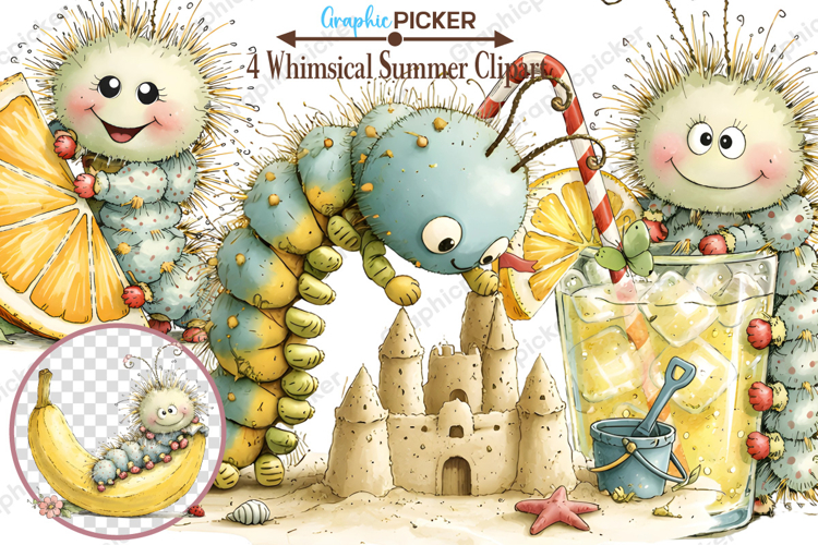 Summer Caterpillar Clipart PNG, Cute Whimsical Caterpillar