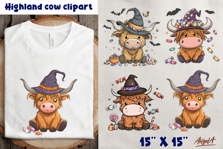 Halloween Highland cow with witch hat with sweets clipart