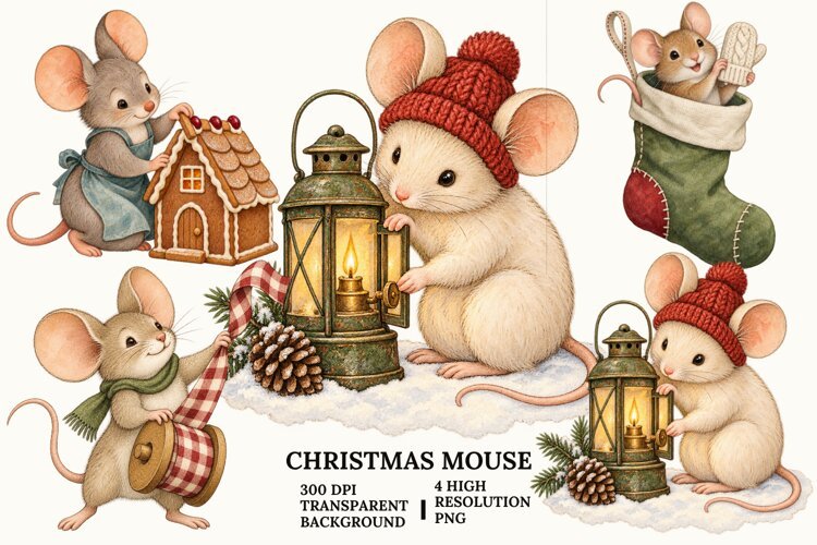Christmas Mouse PNG, Cute Winter Holiday Sublimation Art example image 1