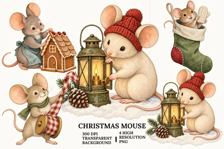 Christmas Mouse PNG, Cute Winter Holiday Sublimation Art