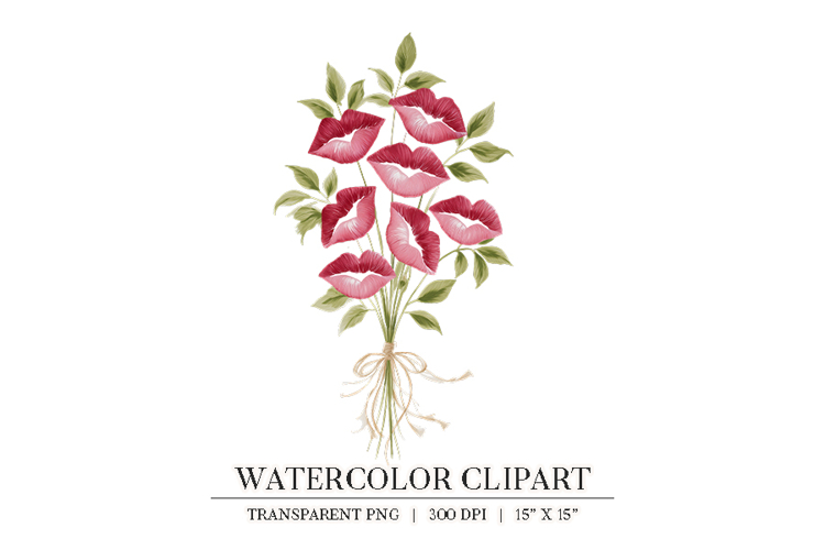 Watercolor Lips Bouquet Clipart PNG