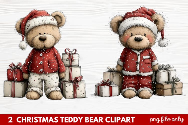 2 Christmas Teddy Bear Clipart | Cute Holiday Bear PNG Illus