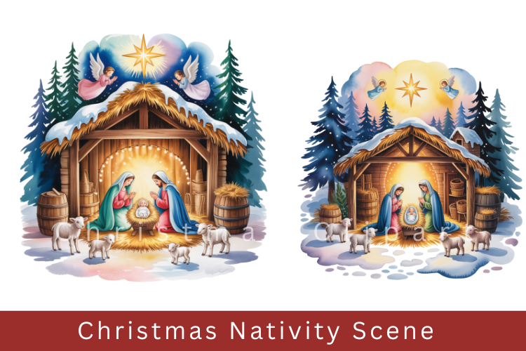 Christmas Nativity Scene Clipart, watercolor Nativity Scene