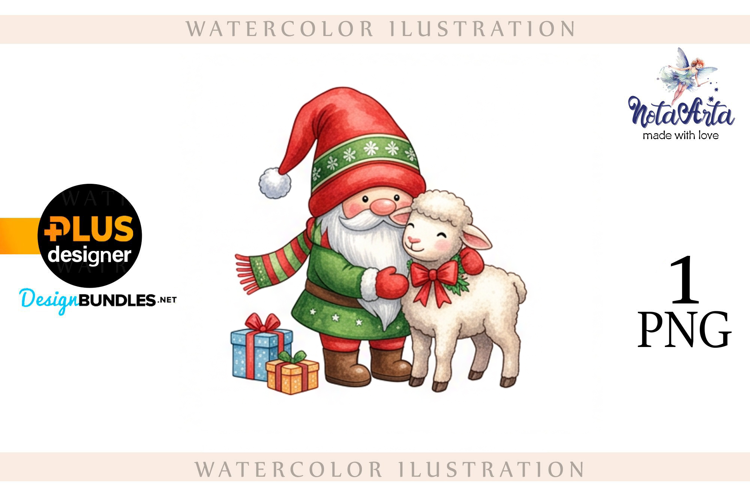 Christmas Gnome Santa with a Sheep in Watercolor Style