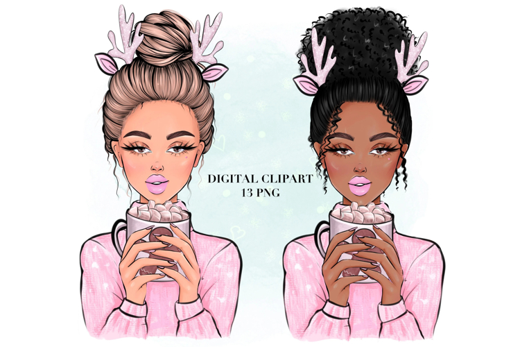 Pink Christmas Girl with Coffee | Winter PNG