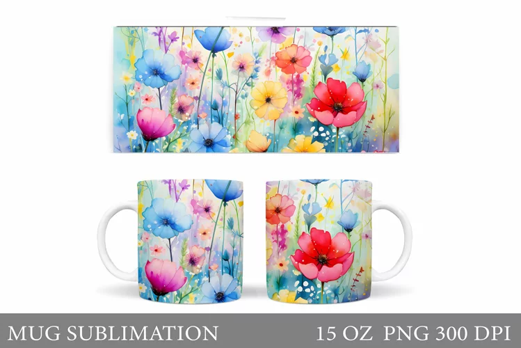 Wildflowers Mug Sublimation. Floral Mug Wrap Design