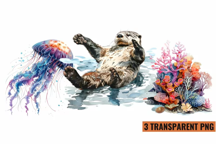 Watercolor Sea Animals Clipart , PNG