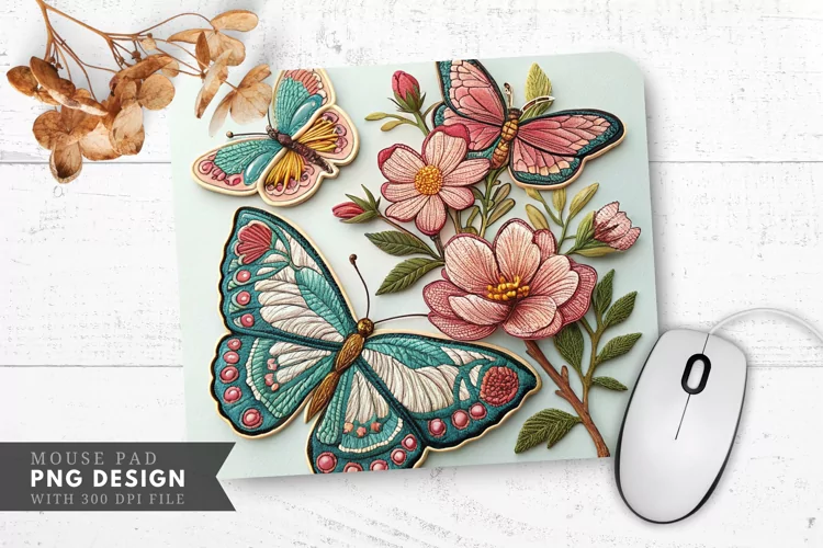 Butterfly and Floral Embroidered Patches Mouse Pad PNG