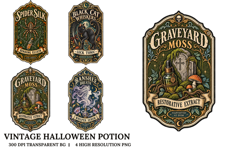 Vintage Halloween Apothecary Labels PNG