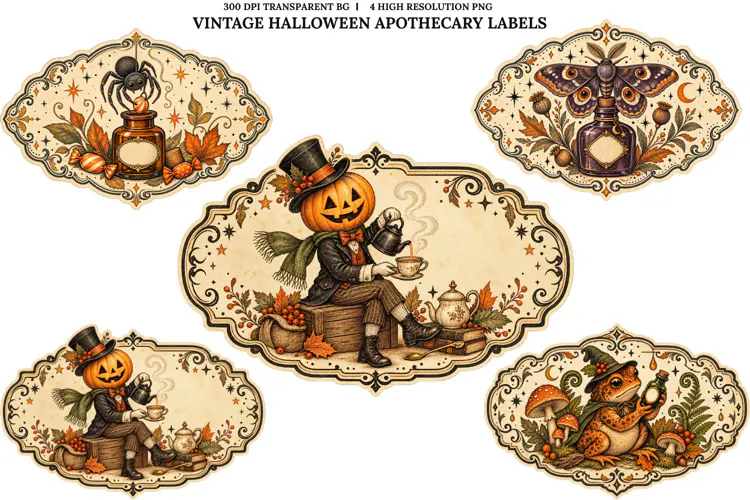 Vintage Halloween Apothecary Labels PNG Spooky Animal Art